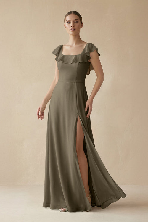 Square Neck A - Line Bridesmaid Dress with Ruffles in Willow Green - KISS BRIDAL Bridesmaid Dresses