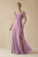 Square Neck A - Line Bridesmaid Dress with Ruffles in Wisteria - KISS BRIDAL Bridesmaid Dresses