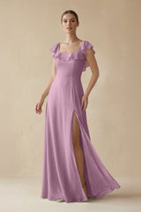 Square Neck A - Line Bridesmaid Dress with Ruffles in Wisteria - KISS BRIDAL Bridesmaid Dresses