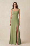 Square Neck A-Line Bridesmaid Dress With Slit in Moss Green - SHE IS ME BRIDESMAID DRESSES