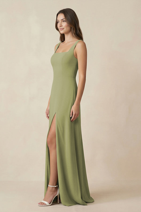 Square Neck A-Line Bridesmaid Dress With Slit in Moss Green - SHE IS ME BRIDESMAID DRESSES