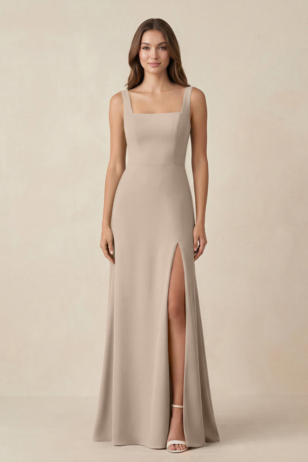 Square Neck A-Line Bridesmaid Dress With Slit in Almond - KISS BRIDAL BRIDESMAID DRESSES