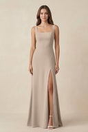 Square Neck A-Line Bridesmaid Dress With Slit in Almond - SHE IS ME BRIDESMAID DRESSES