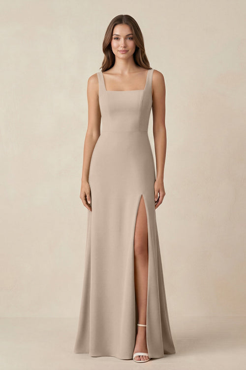 Square Neck A-Line Bridesmaid Dress With Slit in Almond - SHE IS ME BRIDESMAID DRESSES