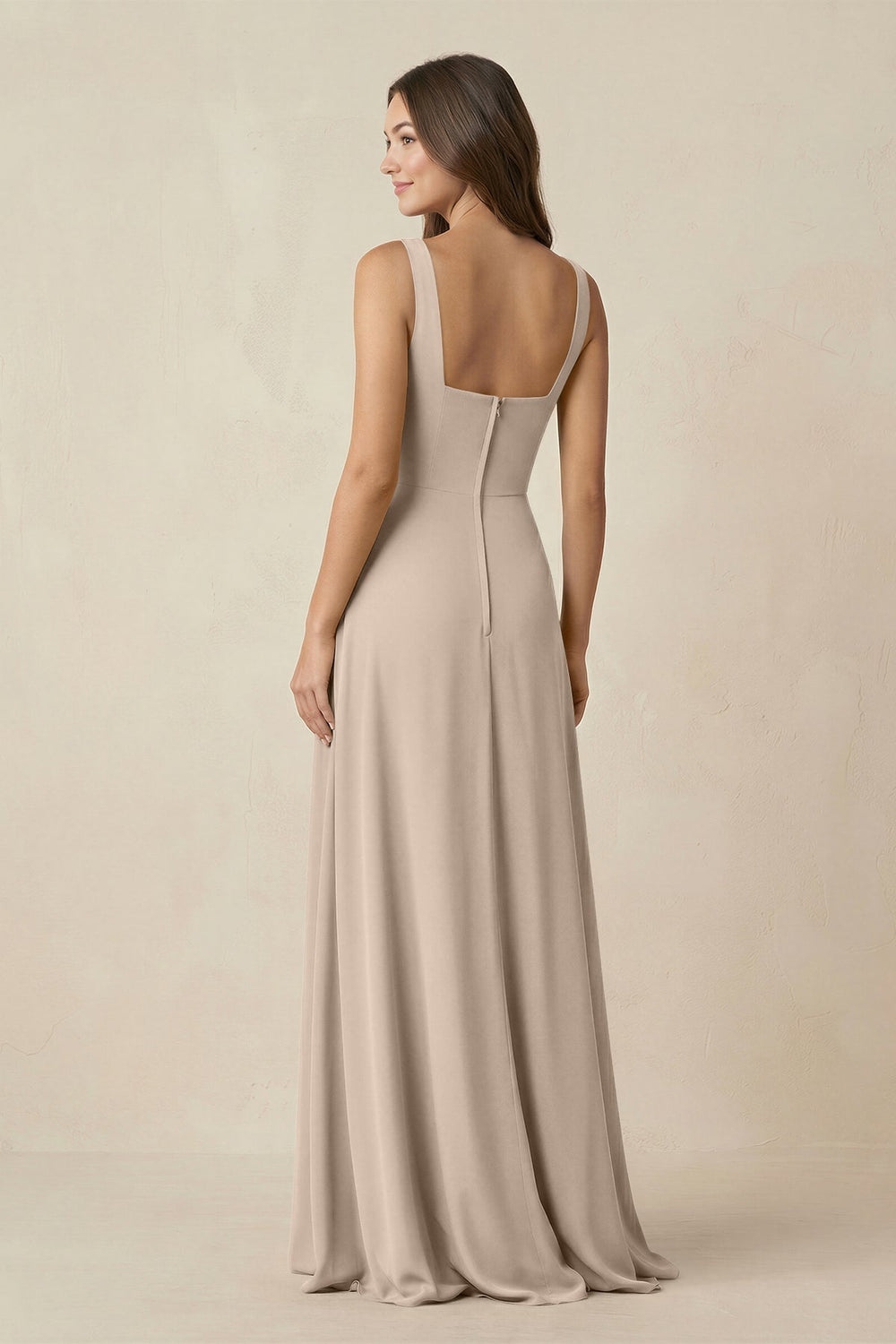 Square Neck A-Line Bridesmaid Dress With Slit in Almond - KISS BRIDAL BRIDESMAID DRESSES