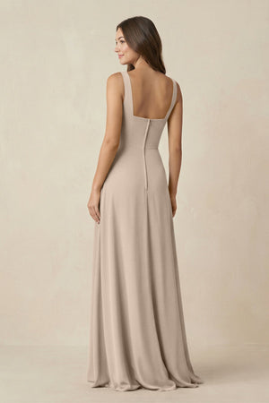 Square Neck A-Line Bridesmaid Dress With Slit in Almond - SHE IS ME BRIDESMAID DRESSES