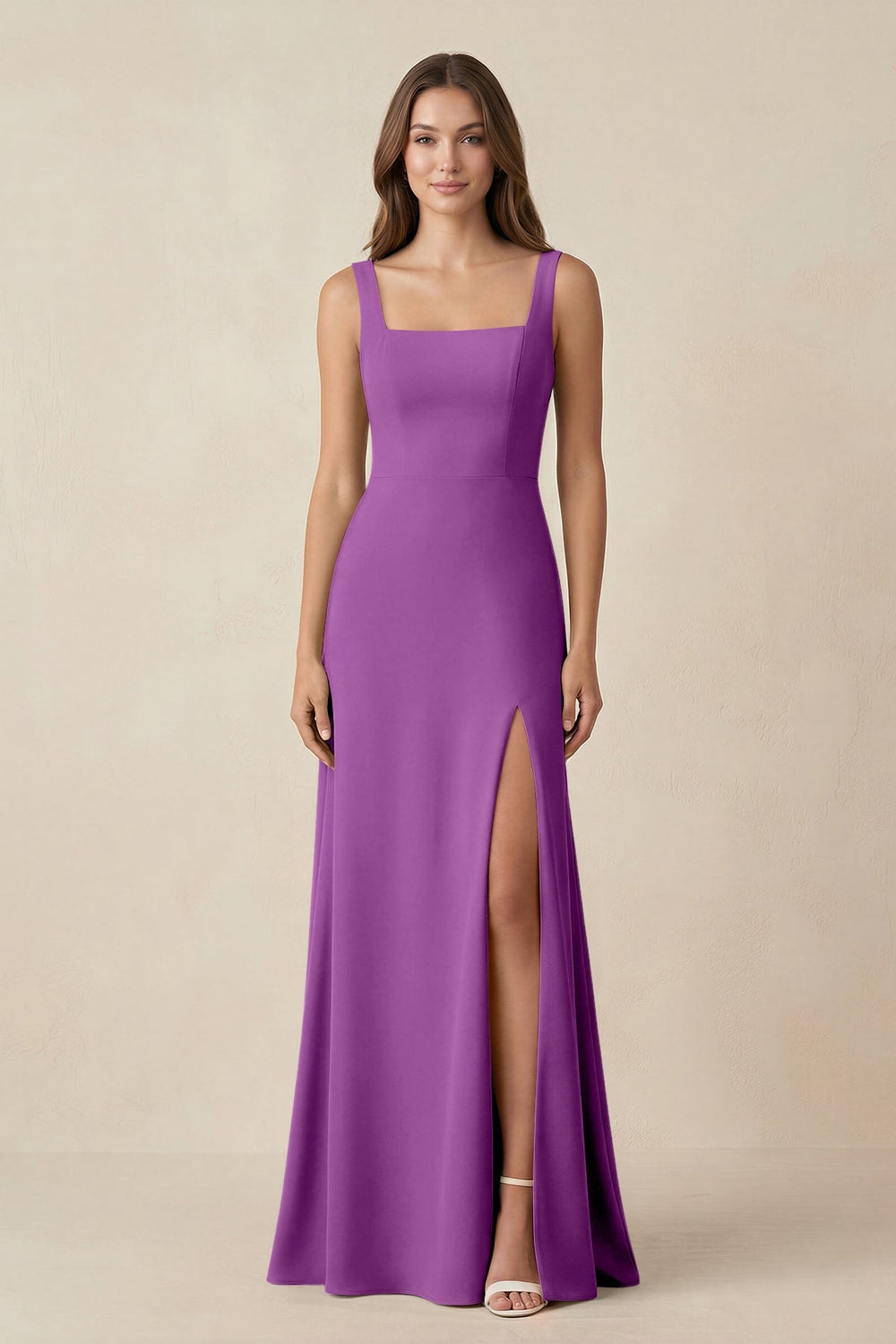 Square Neck A-Line Bridesmaid Dress With Slit in Amethyst - KISS BRIDAL BRIDESMAID DRESSES