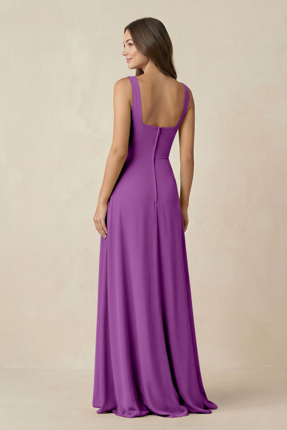 Square Neck A-Line Bridesmaid Dress With Slit in Amethyst - KISS BRIDAL BRIDESMAID DRESSES