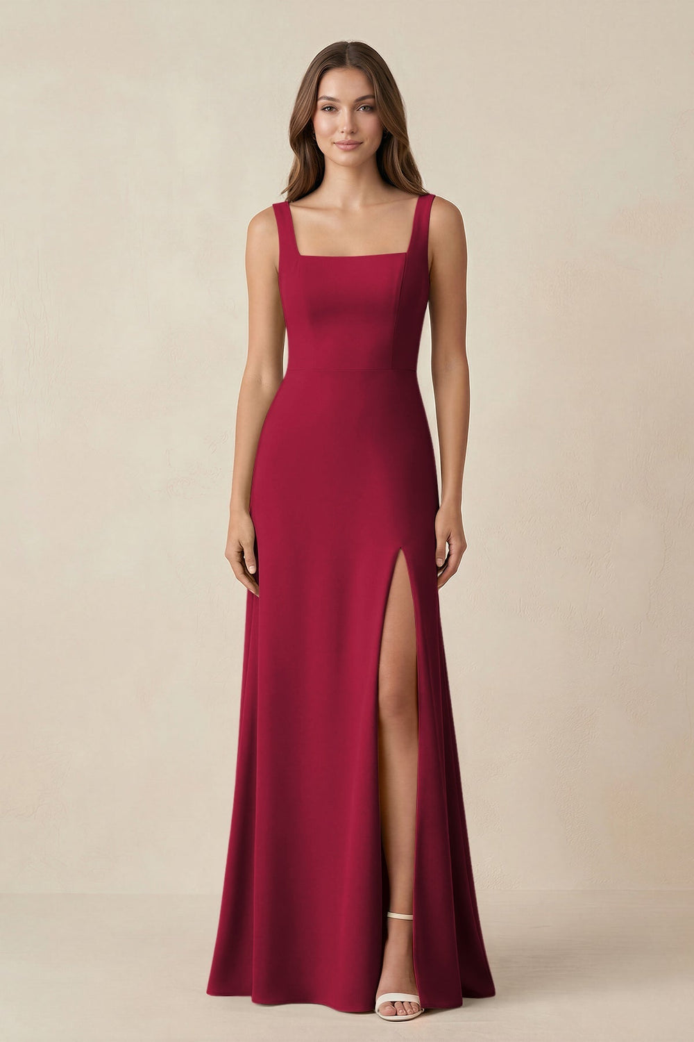 Square Neck A-Line Bridesmaid Dress With Slit in Berry - KISS BRIDAL BRIDESMAID DRESSES