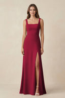 Square Neck A-Line Bridesmaid Dress With Slit in Berry - SHE IS ME BRIDESMAID DRESSES
