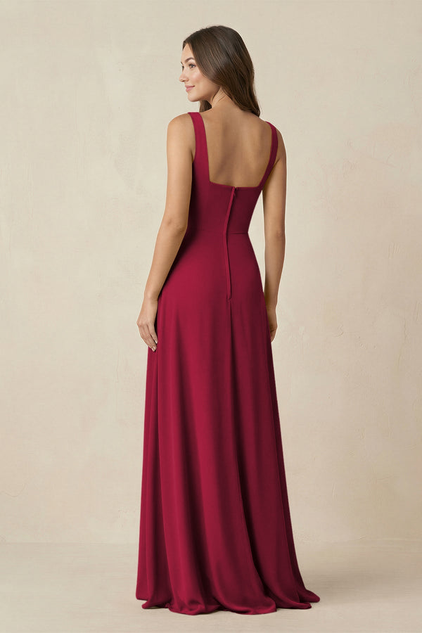Square Neck A-Line Bridesmaid Dress With Slit in Berry - SHE IS ME BRIDESMAID DRESSES