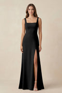 Square Neck A-Line Bridesmaid Dress With Slit in Black - SHE IS ME BRIDESMAID DRESSES