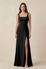 Square Neck A-Line Bridesmaid Dress With Slit in Black - KISS BRIDAL BRIDESMAID DRESSES