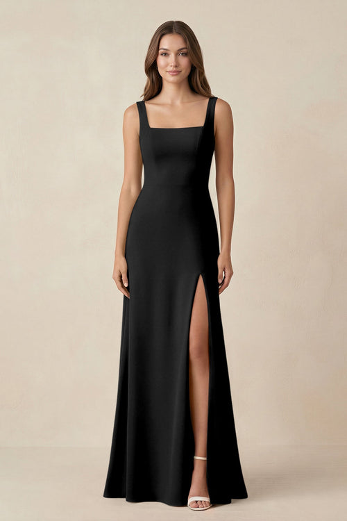 Square Neck A-Line Bridesmaid Dress With Slit in Black - SHE IS ME BRIDESMAID DRESSES