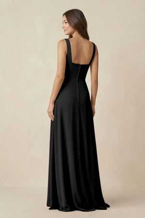 Square Neck A-Line Bridesmaid Dress With Slit in Black - SHE IS ME BRIDESMAID DRESSES