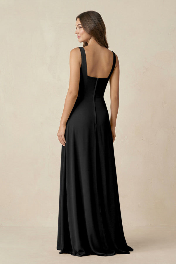 Square Neck A-Line Bridesmaid Dress With Slit in Black - SHE IS ME BRIDESMAID DRESSES