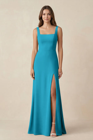 Square Neck A-Line Bridesmaid Dress With Slit in Blue Jay - SHE IS ME BRIDESMAID DRESSES
