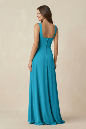 Square Neck A-Line Bridesmaid Dress With Slit in Blue Jay - SHE IS ME BRIDESMAID DRESSES