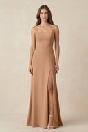 Square Neck A-Line Bridesmaid Dress With Slit in Bronzer - SHE IS ME BRIDESMAID DRESSES