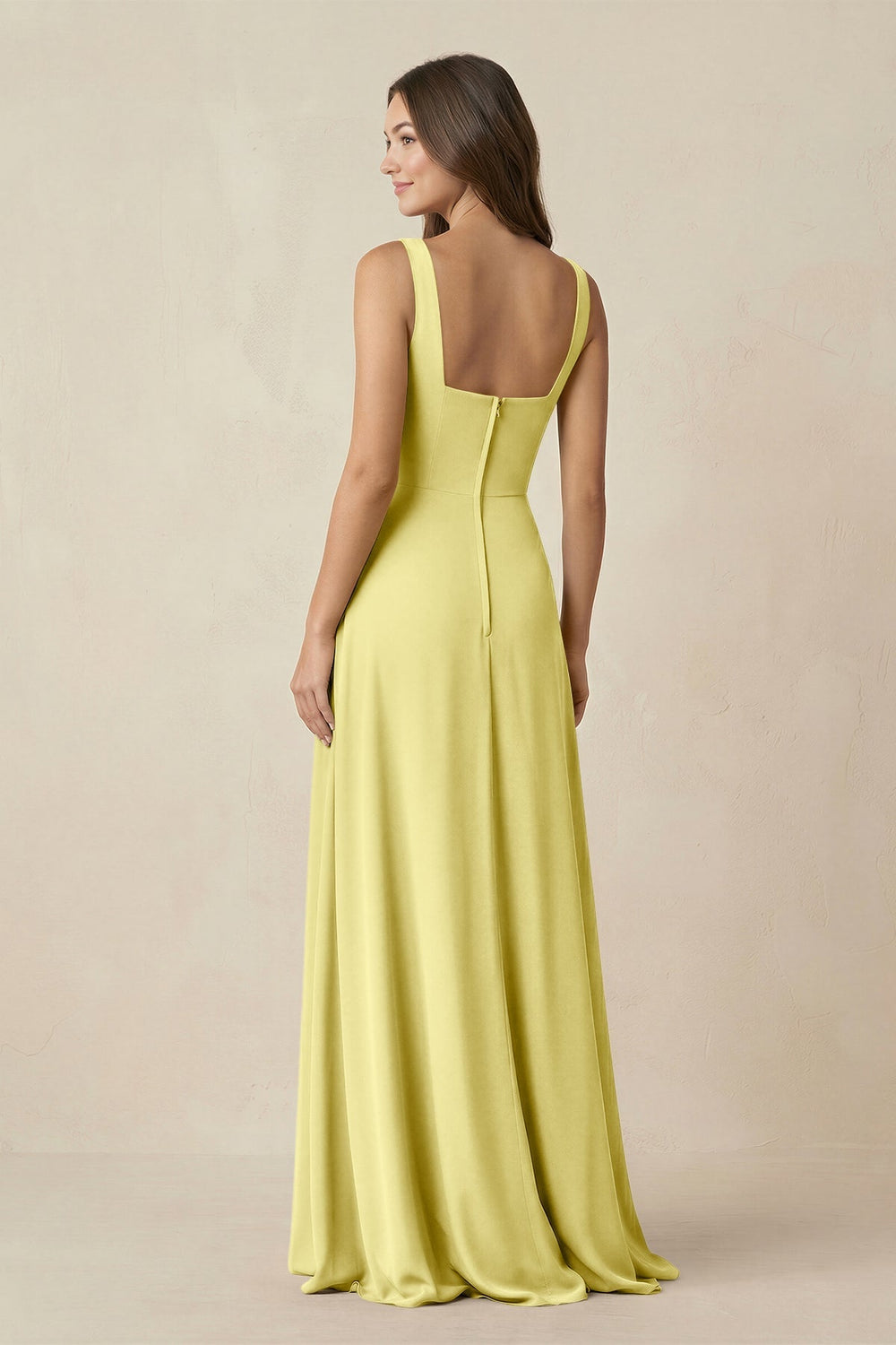 Square Neck A-Line Bridesmaid Dress With Slit in Buttercup - KISS BRIDAL BRIDESMAID DRESSES