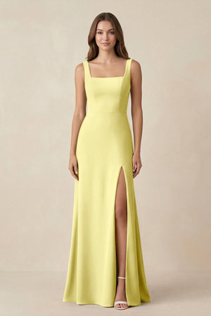 Square Neck A-Line Bridesmaid Dress With Slit in Buttercup - SHE IS ME BRIDESMAID DRESSES