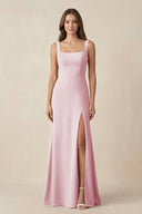 Square Neck A-Line Bridesmaid Dress With Slit in Candy Pink - SHE IS ME BRIDESMAID DRESSES