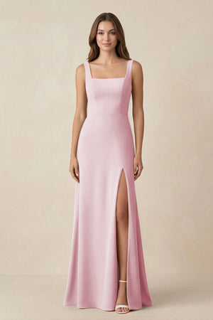 Square Neck A-Line Bridesmaid Dress With Slit in Candy Pink - SHE IS ME BRIDESMAID DRESSES