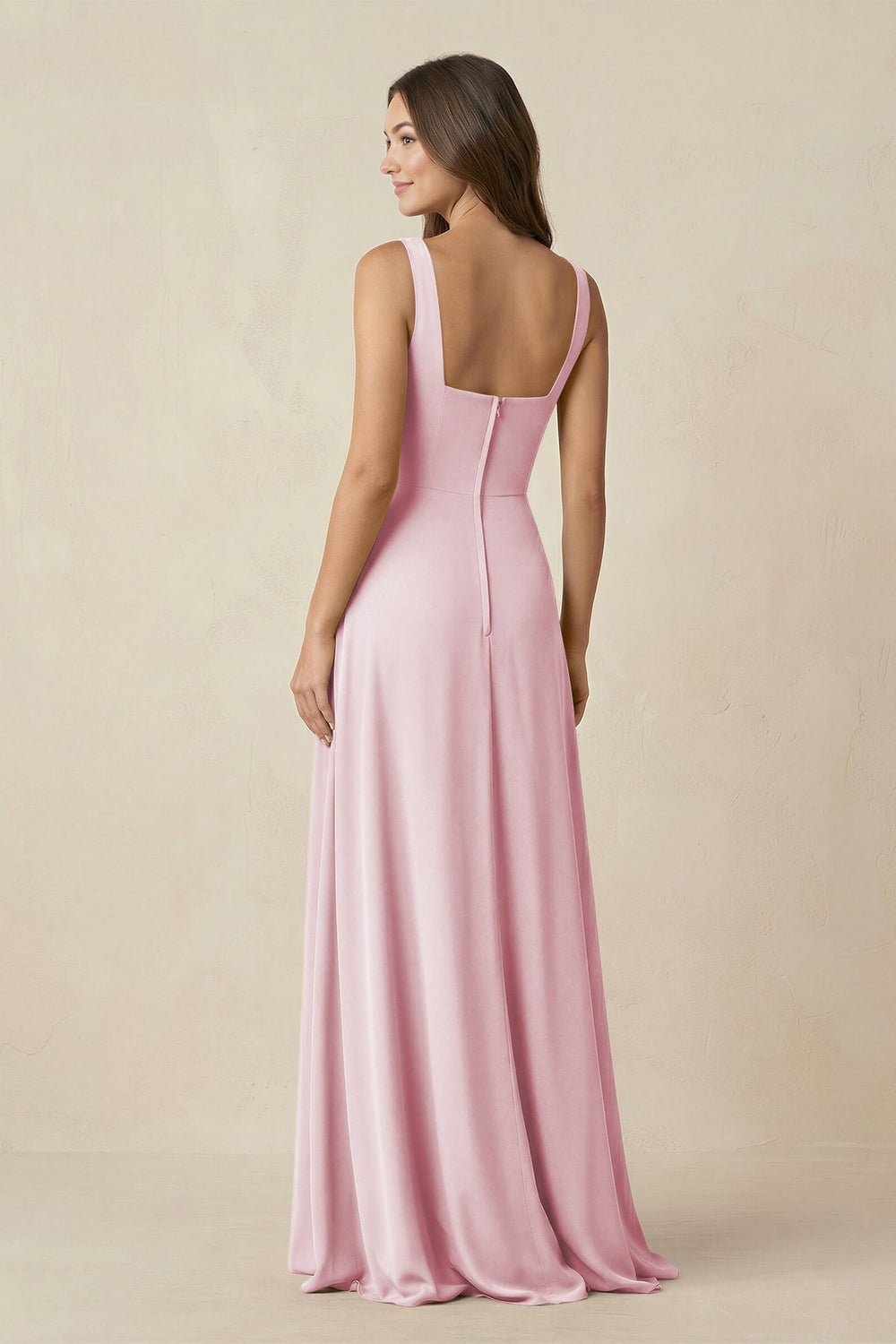 Square Neck A-Line Bridesmaid Dress With Slit in Candy Pink - KISS BRIDAL BRIDESMAID DRESSES