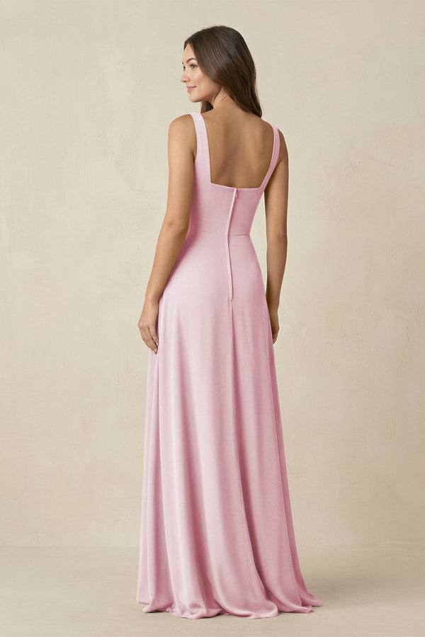 Square Neck A-Line Bridesmaid Dress With Slit in Candy Pink - SHE IS ME BRIDESMAID DRESSES