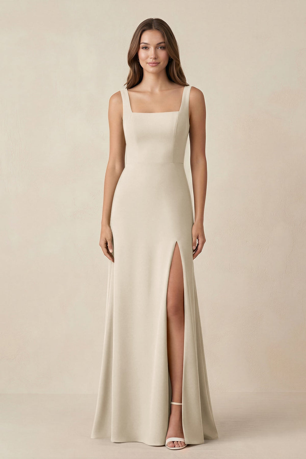 Square Neck A-Line Bridesmaid Dress With Slit in Champagne - KISS BRIDAL BRIDESMAID DRESSES