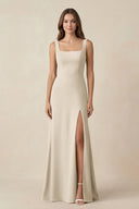 Square Neck A-Line Bridesmaid Dress With Slit in Champagne - SHE IS ME BRIDESMAID DRESSES