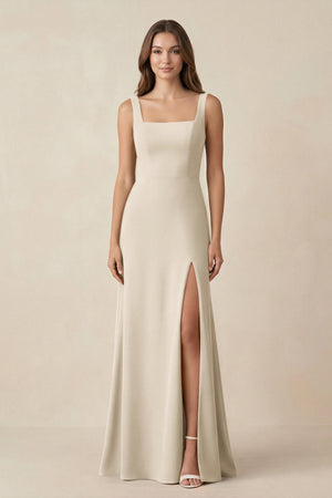 Square Neck A-Line Bridesmaid Dress With Slit in Champagne - SHE IS ME BRIDESMAID DRESSES