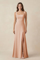Square Neck A-Line Bridesmaid Dress With Slit in Champagne Rose - KISS BRIDAL BRIDESMAID DRESSES