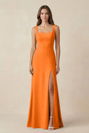 Square Neck A-Line Bridesmaid Dress With Slit in Cinnamon - SHE IS ME BRIDESMAID DRESSES