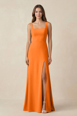 Square Neck A-Line Bridesmaid Dress With Slit in Cinnamon - SHE IS ME BRIDESMAID DRESSES
