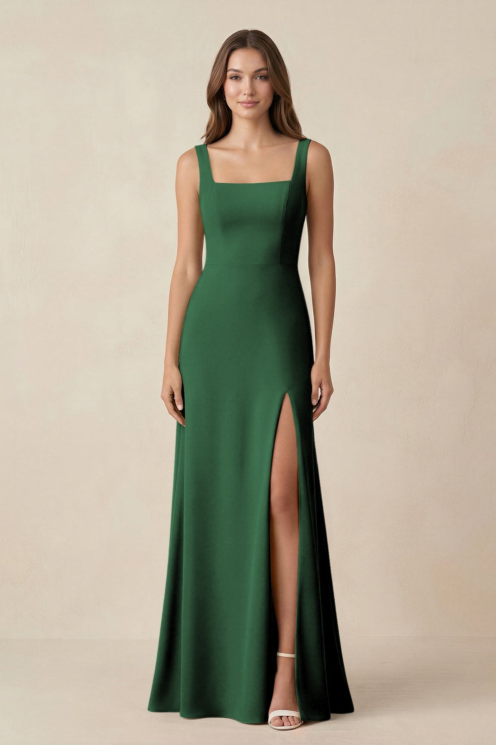 Square Neck A-Line Bridesmaid Dress With Slit in Dark Green - KISS BRIDAL BRIDESMAID DRESSES