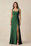 Square Neck A-Line Bridesmaid Dress With Slit in Dark Green - SHE IS ME BRIDESMAID DRESSES