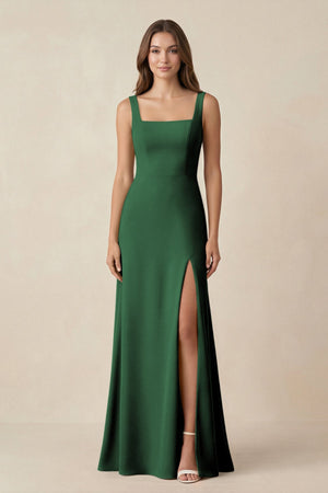 Square Neck A-Line Bridesmaid Dress With Slit in Dark Green - SHE IS ME BRIDESMAID DRESSES