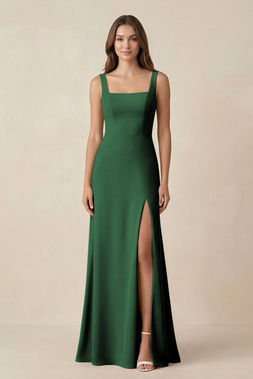 Square Neck A-Line Bridesmaid Dress With Slit in Dark Green - SHE IS ME BRIDESMAID DRESSES