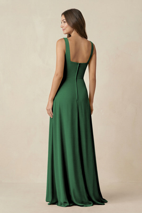 Square Neck A-Line Bridesmaid Dress With Slit in Dark Green - SHE IS ME BRIDESMAID DRESSES