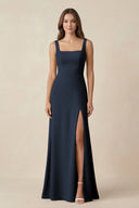 Square Neck A-Line Bridesmaid Dress With Slit in Dark Navy - SHE IS ME BRIDESMAID DRESSES