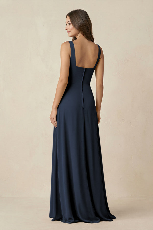 Square Neck A-Line Bridesmaid Dress With Slit in Dark Navy - SHE IS ME BRIDESMAID DRESSES