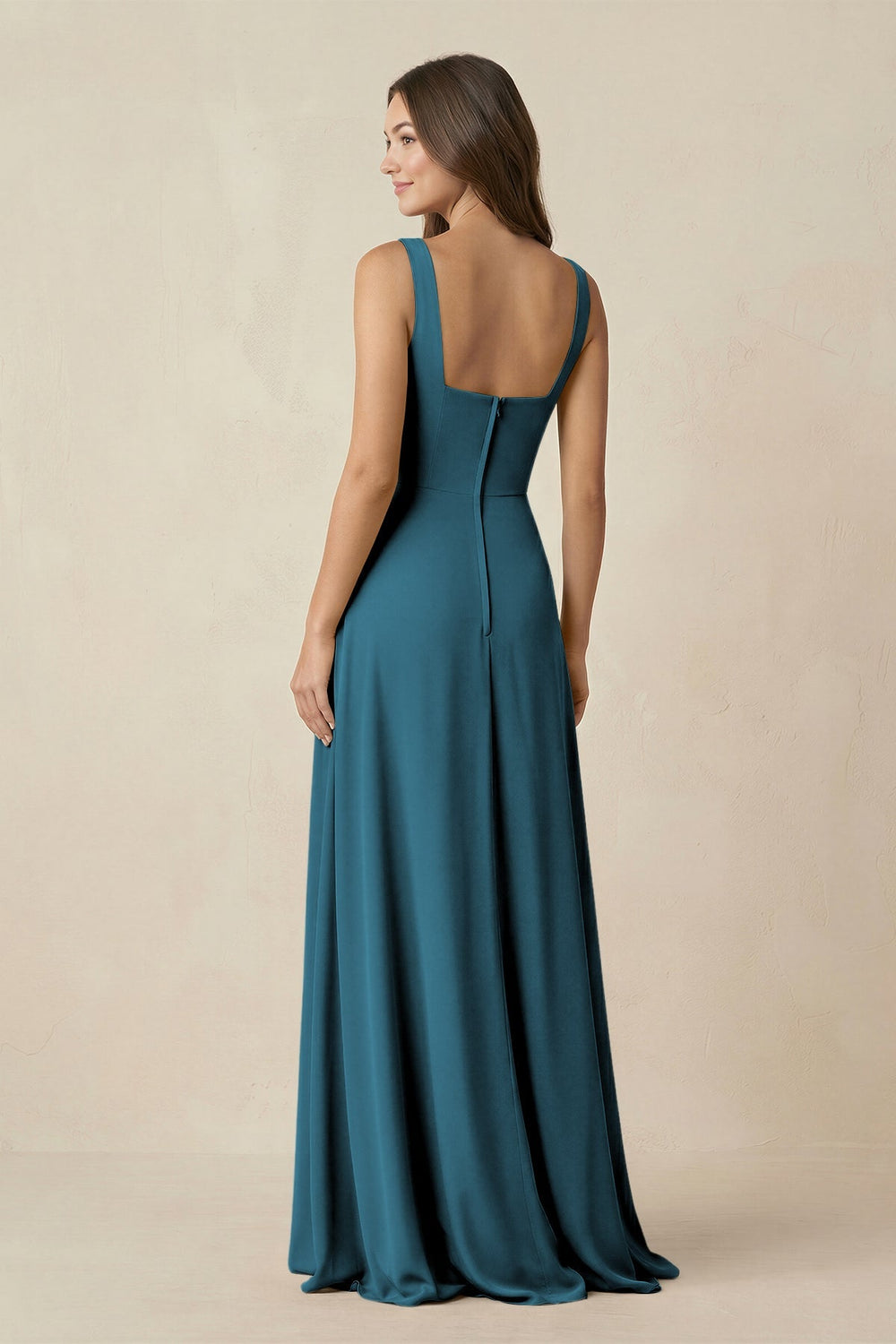 Square Neck A-Line Bridesmaid Dress With Slit in Dark Teal - KISS BRIDAL BRIDESMAID DRESSES