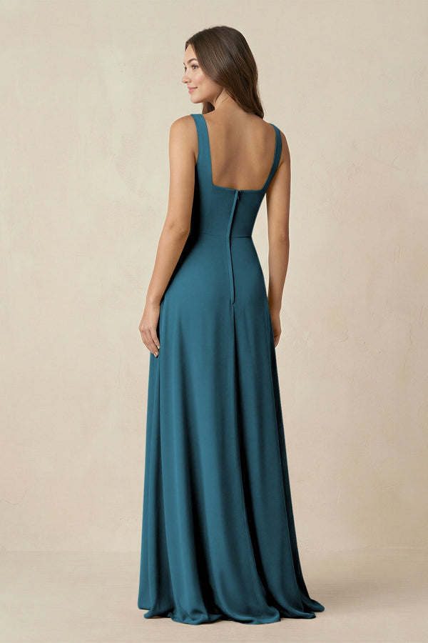 Square Neck A-Line Bridesmaid Dress With Slit in Dark Teal - SHE IS ME BRIDESMAID DRESSES