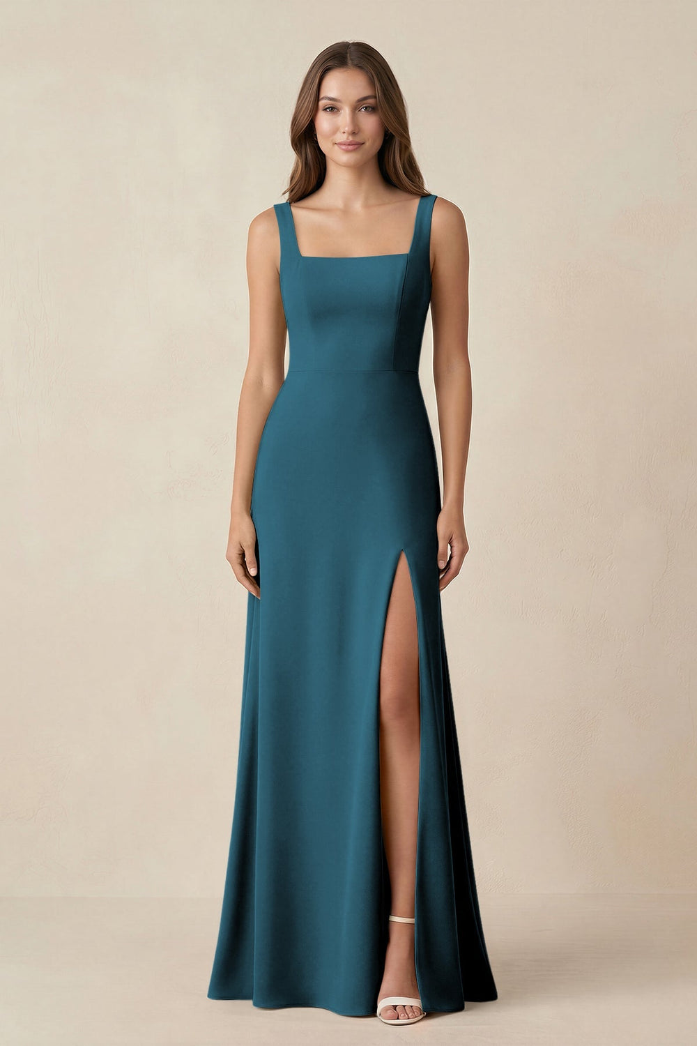 Square Neck A-Line Bridesmaid Dress With Slit in Dark Teal - KISS BRIDAL BRIDESMAID DRESSES