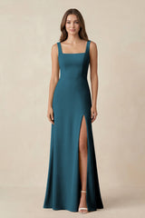 Square Neck A-Line Bridesmaid Dress With Slit in Dark Teal - KISS BRIDAL BRIDESMAID DRESSES