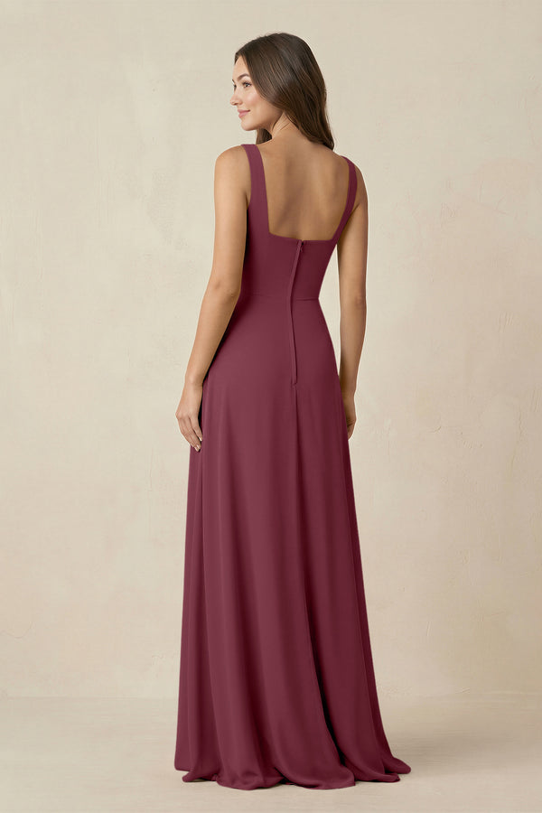 Square Neck A-Line Bridesmaid Dress With Slit in Desert Rose (2) | KISSBRIDAL