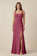Square Neck A-Line Bridesmaid Dress With Slit in Desert Rose - SHE IS ME BRIDESMAID DRESSES