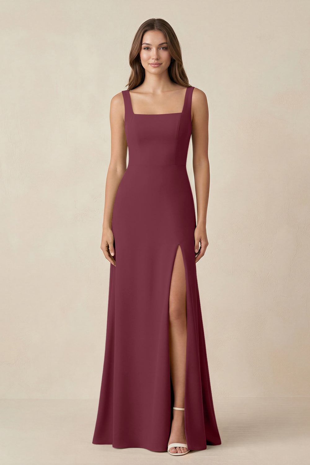 Square Neck A-Line Bridesmaid Dress With Slit in Desert Rose