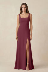 Square Neck A-Line Bridesmaid Dress With Slit in Desert Rose | KISSBRIDAL